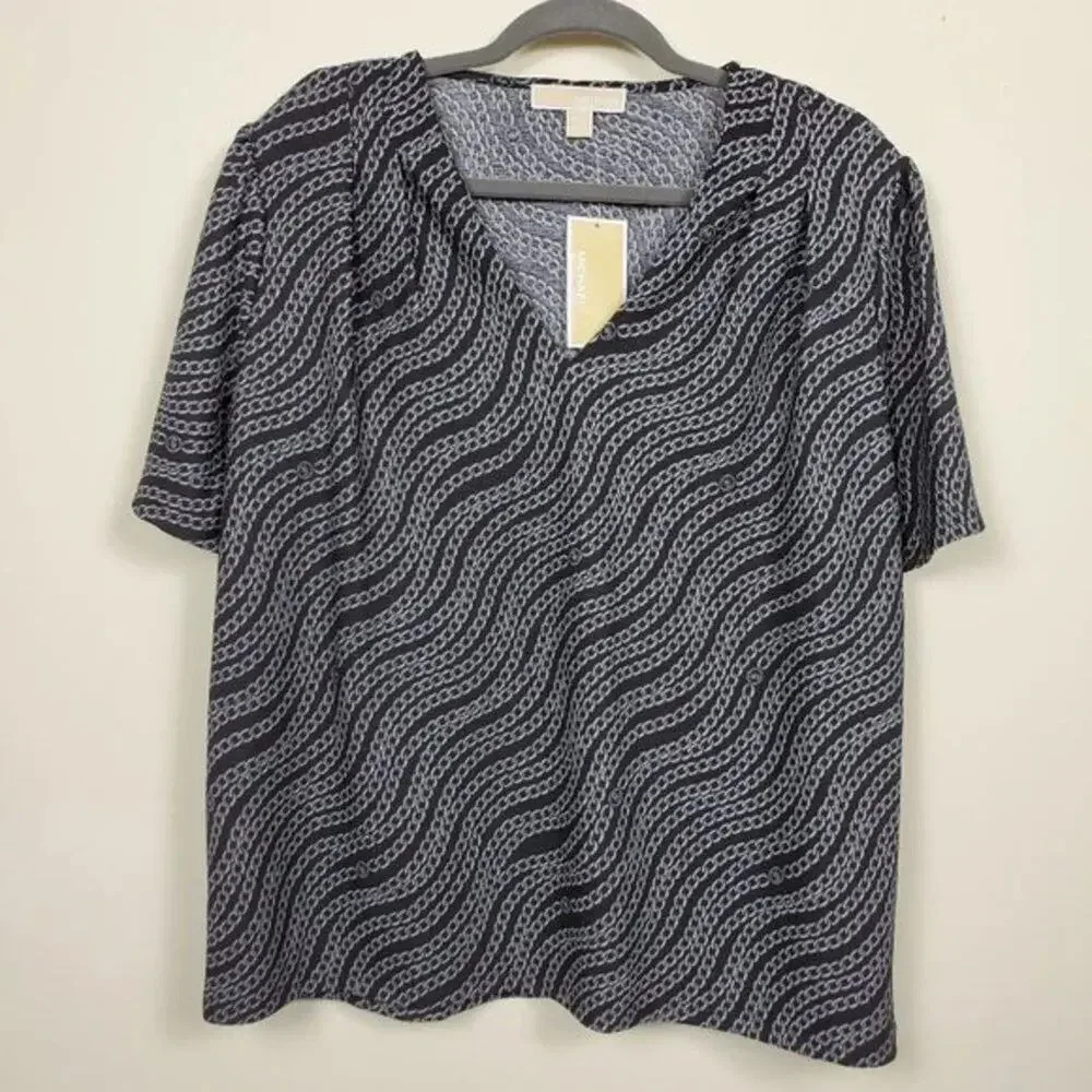 Michael Kors Chain Print Top Women Size PXL Black Silver Short Sleeve NEW